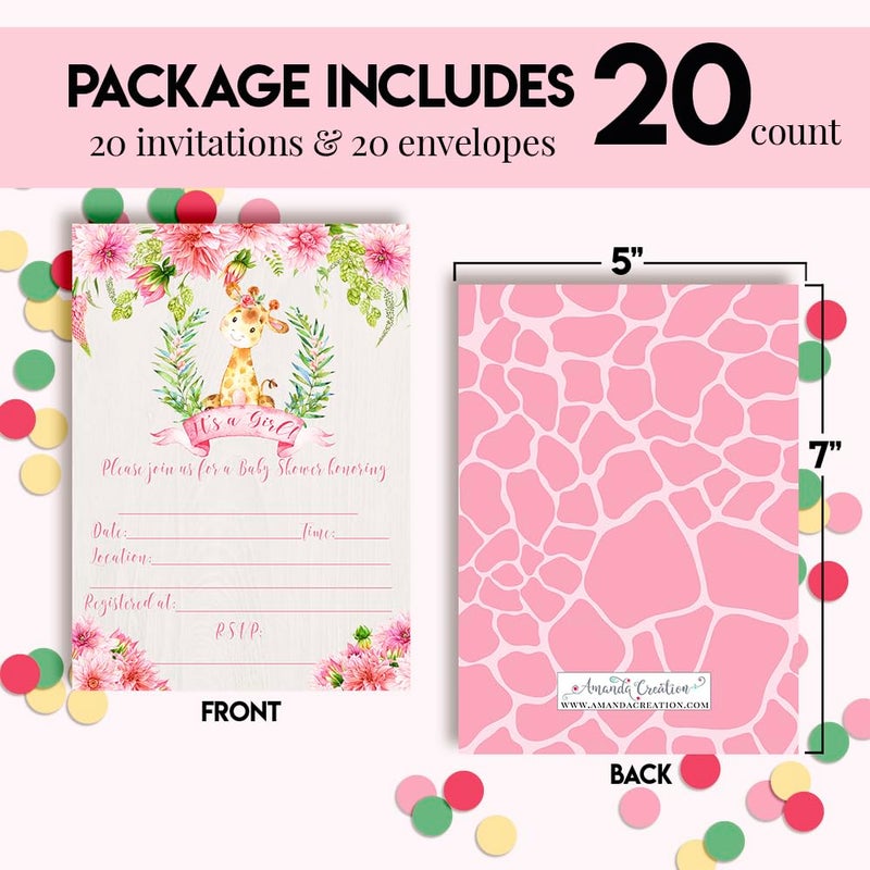 Amanda Creation Watercolor Dahlia Floral Giraffe-Themed Baby Girl Sprinkle Shower Invitations, 20 5x7 Fill In Cards with Twenty White Envelopes by AmandaCreation - Image 4
